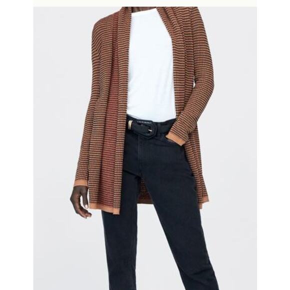 Zara Sweater Women XL Tan Black Red Long Sleeve Open Front Knit Cardigan - Picture 3 of 10